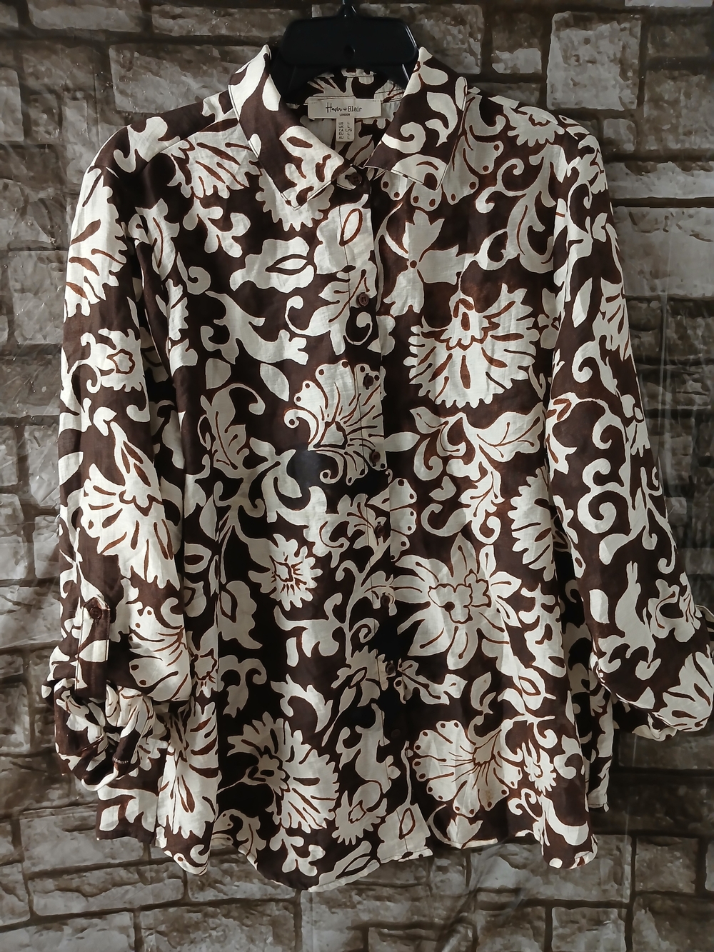 Women's Brown & White Floral Button-Down Shirt - Relaxed Fit Large Size